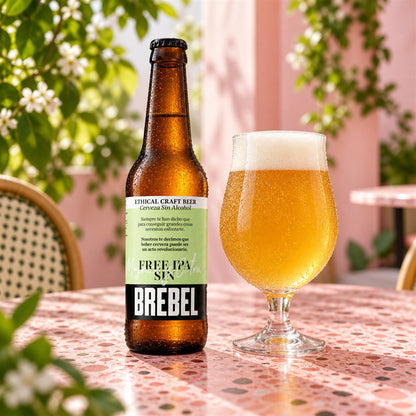 Brebel FREE IPA Sin: bebida servida en vaso junto a su envase