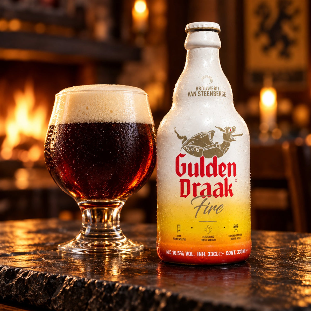 Gulden Draak Fire: bebida servida en vaso junto a su envase