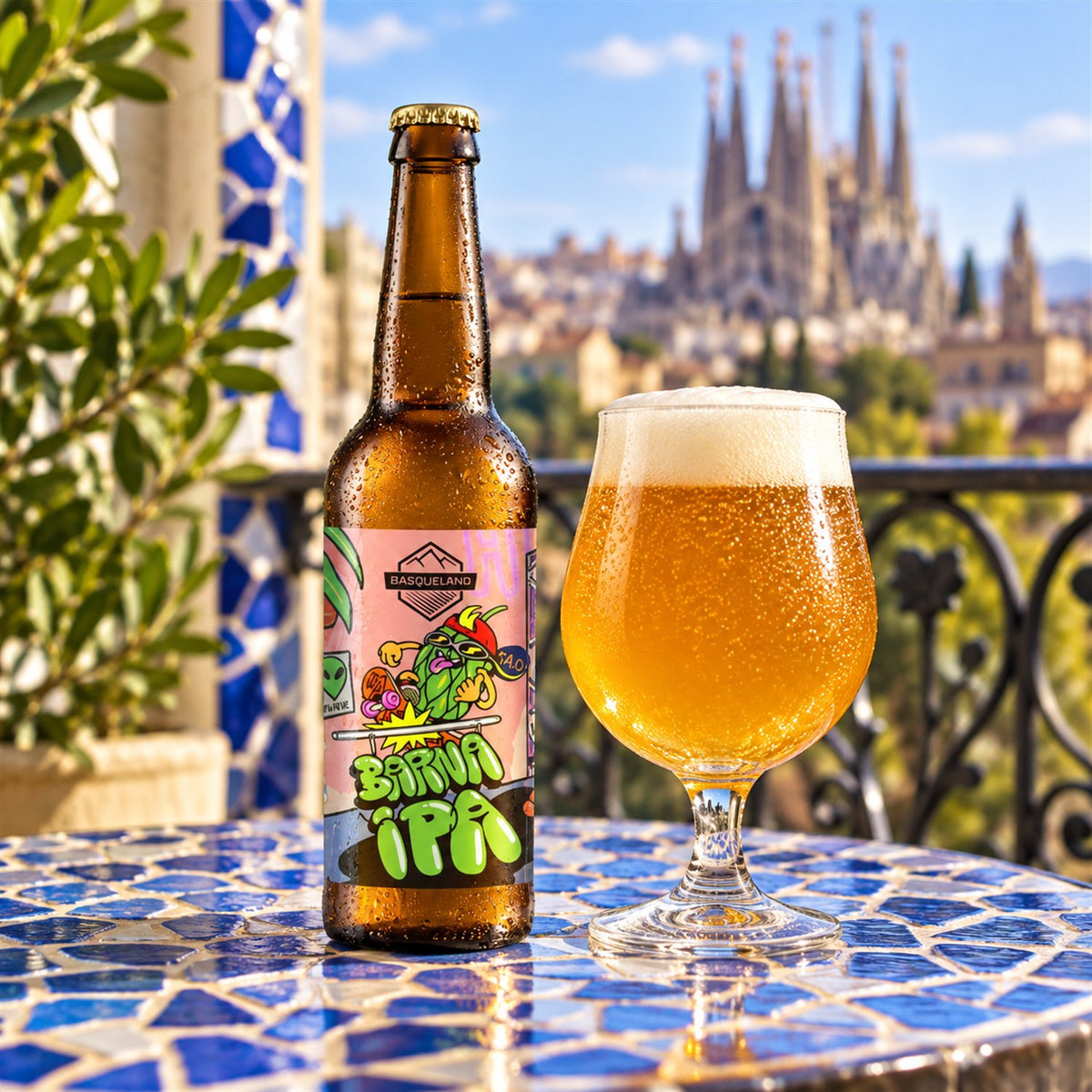 Basqueland Barna IPA: bebida servida en vaso junto a su envase