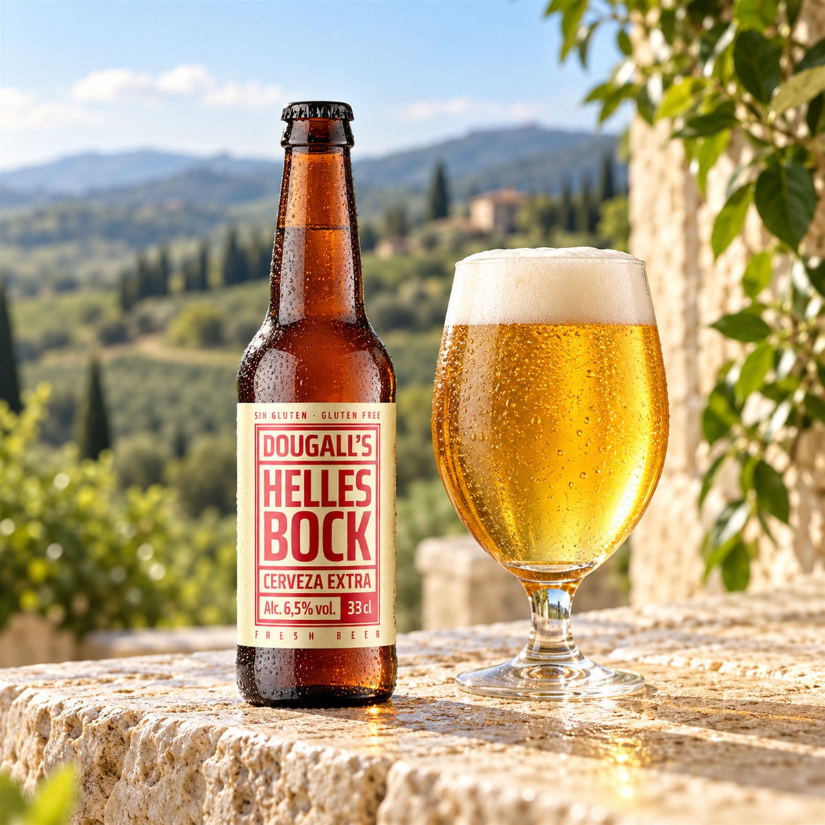 Dougall's Helles Bock: bebida servida en vaso junto a su envase