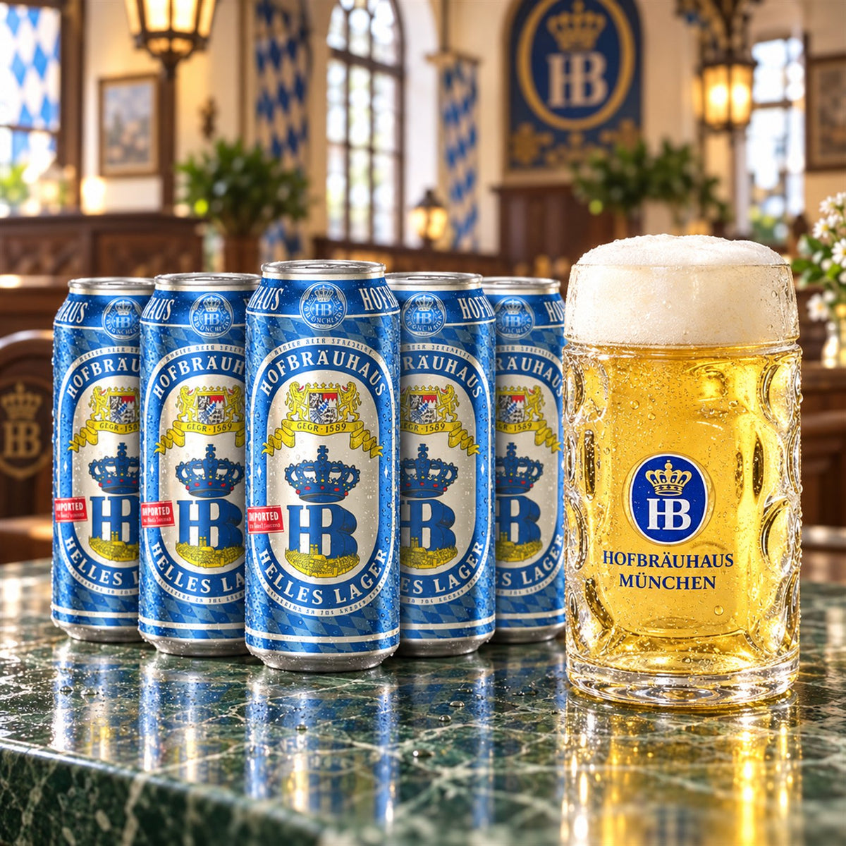 Pack HB Helles Lager + Jarra 50cl de regalo: bebida servida en vaso junto a su envase