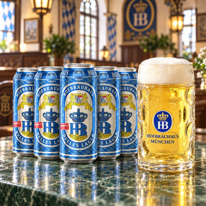 Pack HB Helles Lager + Jarra 50cl de regalo: bebida servida en vaso junto a su envase