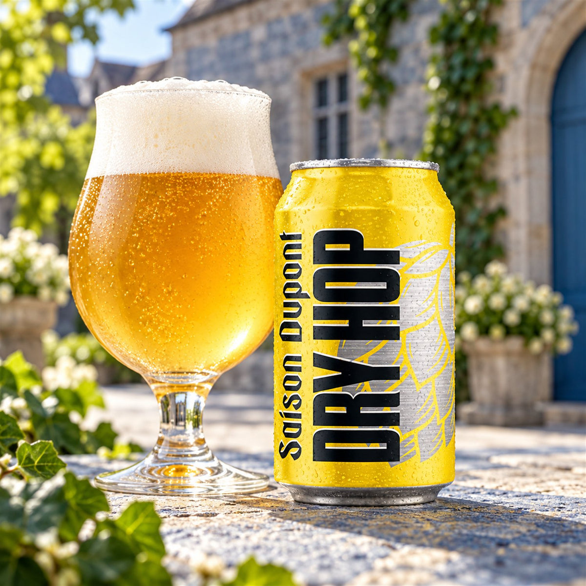 Saison Dupont Dry Hop lata: bebida servida en vaso junto a su envase