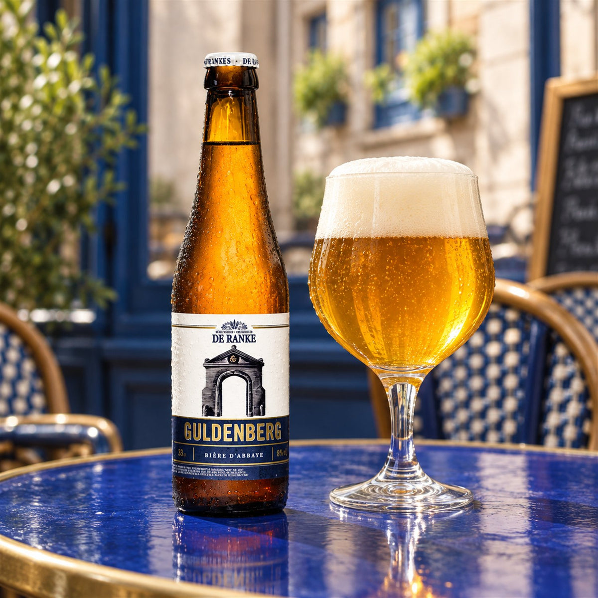 De Ranke Guldenberg: bebida servida en vaso junto a su envase