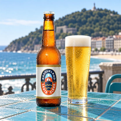 Basqueland Santa Clara Botella: bebida servida en vaso junto a su envase