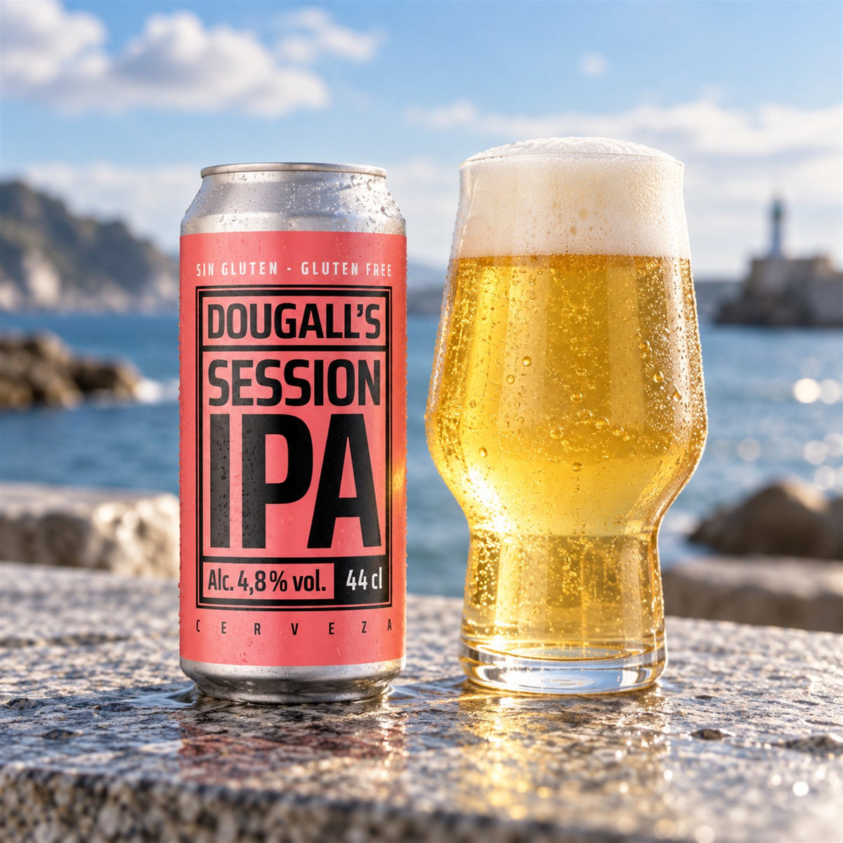 Dougall's Session IPA: bebida servida en vaso junto a su envase