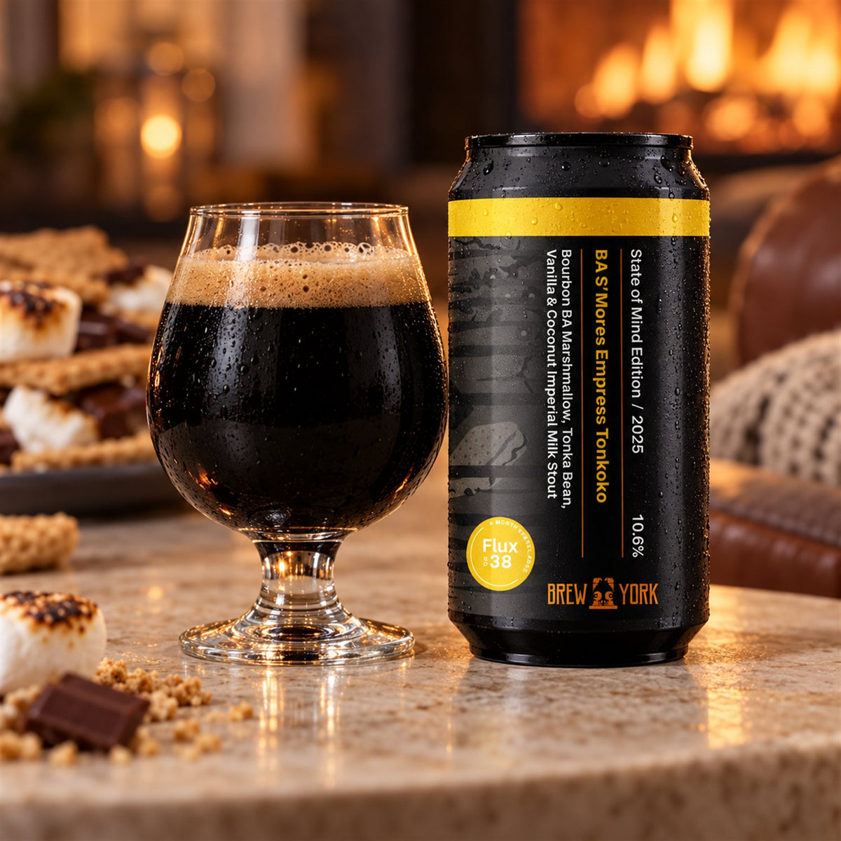Brew York BA S’Mores Empress Tonkoko: bebida servida en vaso junto a su envase