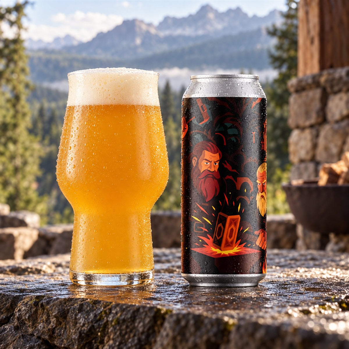 Brew York Sindri's Forge: bebida servida en vaso junto a su envase
