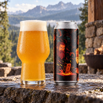 Brew York Sindri's Forge: bebida servida en vaso junto a su envase