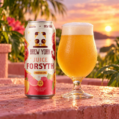 Brew York Juice Forsyth: bebida servida en vaso junto a su envase