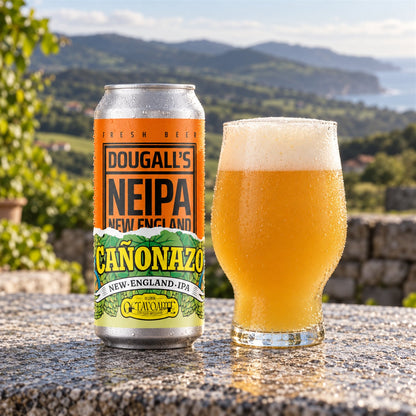 Dougall's Cañonazo: bebida servida en vaso junto a su envase