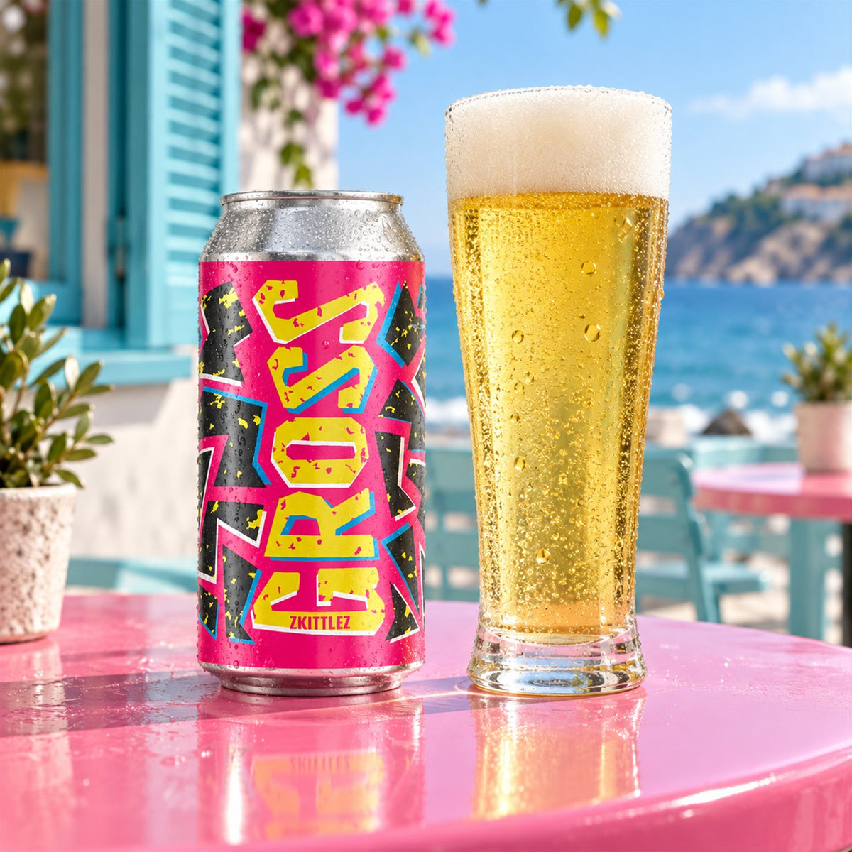 GROSS Zkittlez: bebida servida en vaso junto a su envase