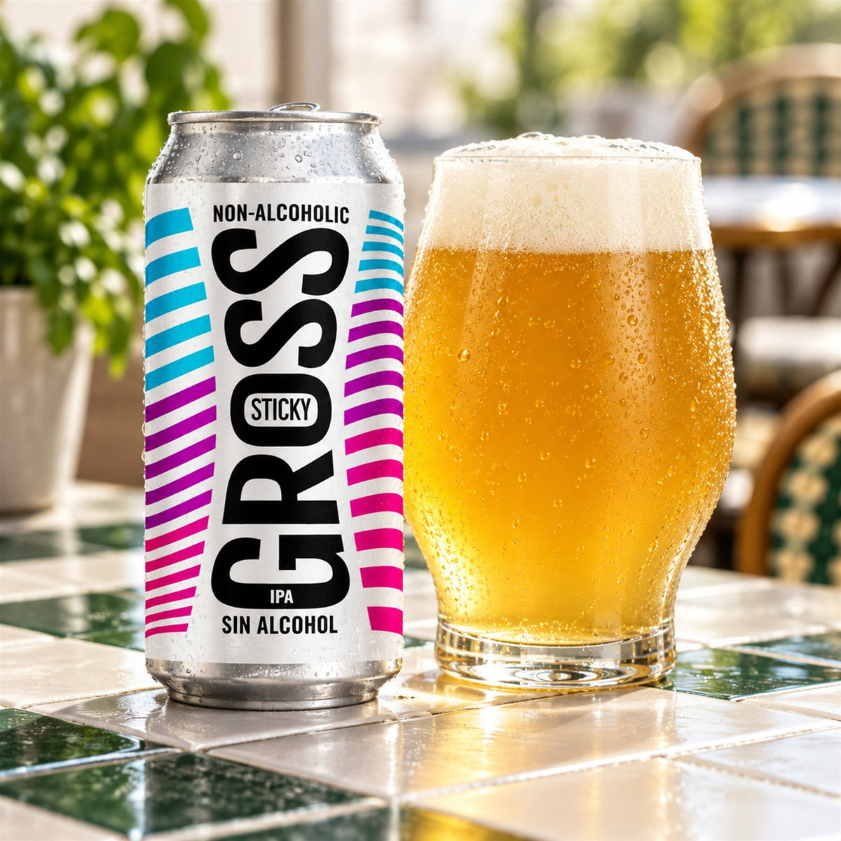 GROSS Sticky IPA Sin: bebida servida en vaso junto a su envase