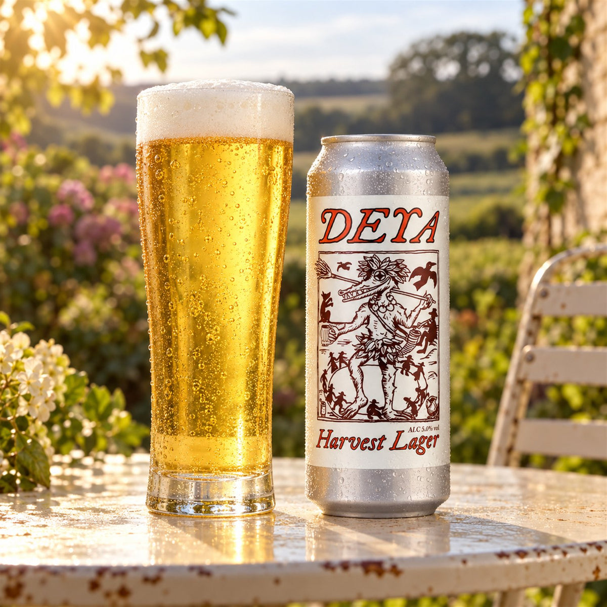 Deya Harvest Lager: bebida servida en vaso junto a su envase