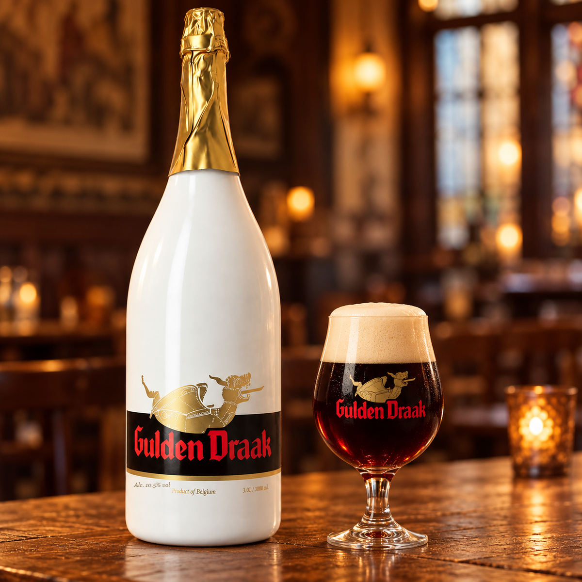 Gulden Draak Jeroboam 3 L - envase y cerveza servida