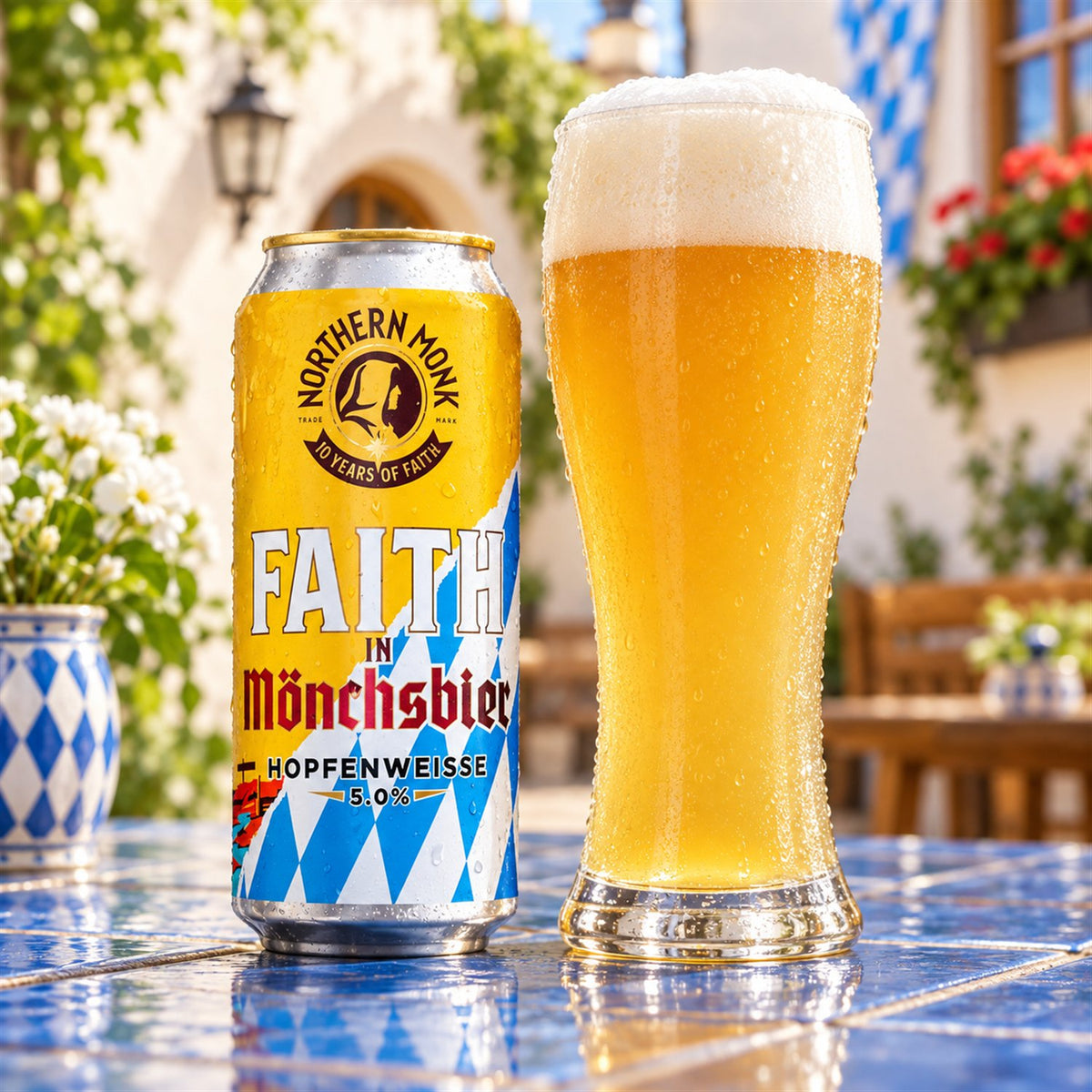 Northern Monk Faith Monchsbier: bebida servida en vaso junto a su envase