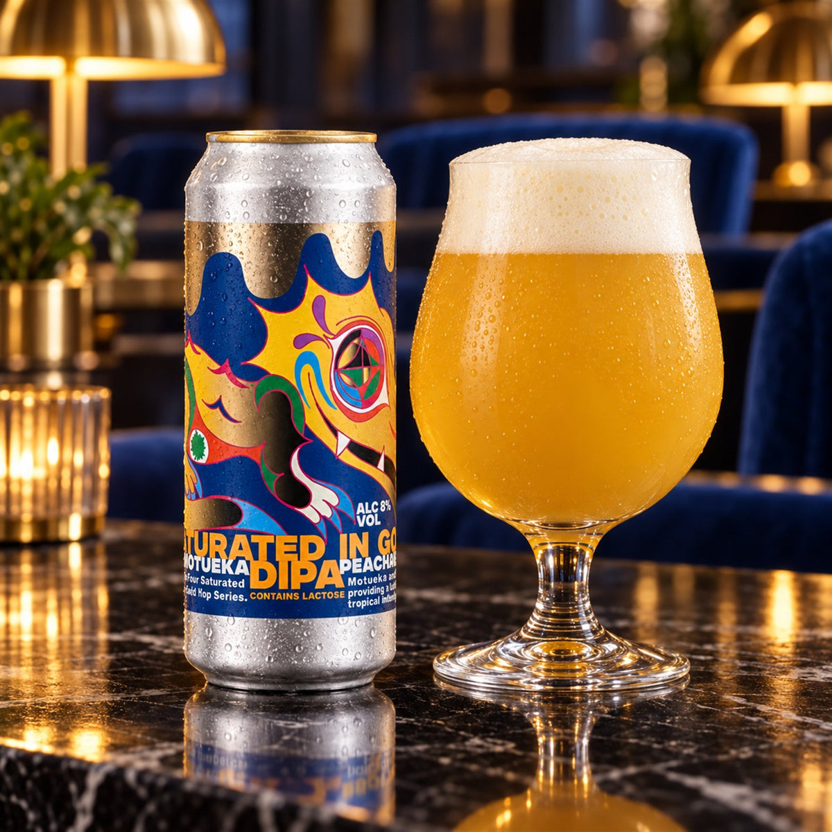 Deya Saturated In Gold – Motueka & Peacharine: bebida servida en vaso junto a su envase