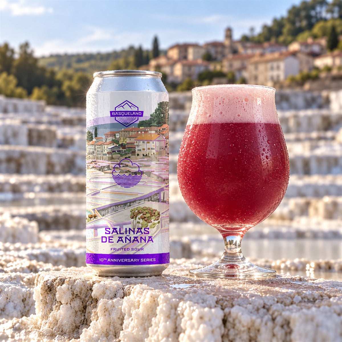 Basqueland Salinas de Añana: bebida servida en vaso junto a su envase