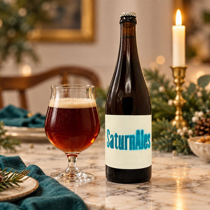 Cyclic Saturnales: bebida servida en vaso junto a su envase