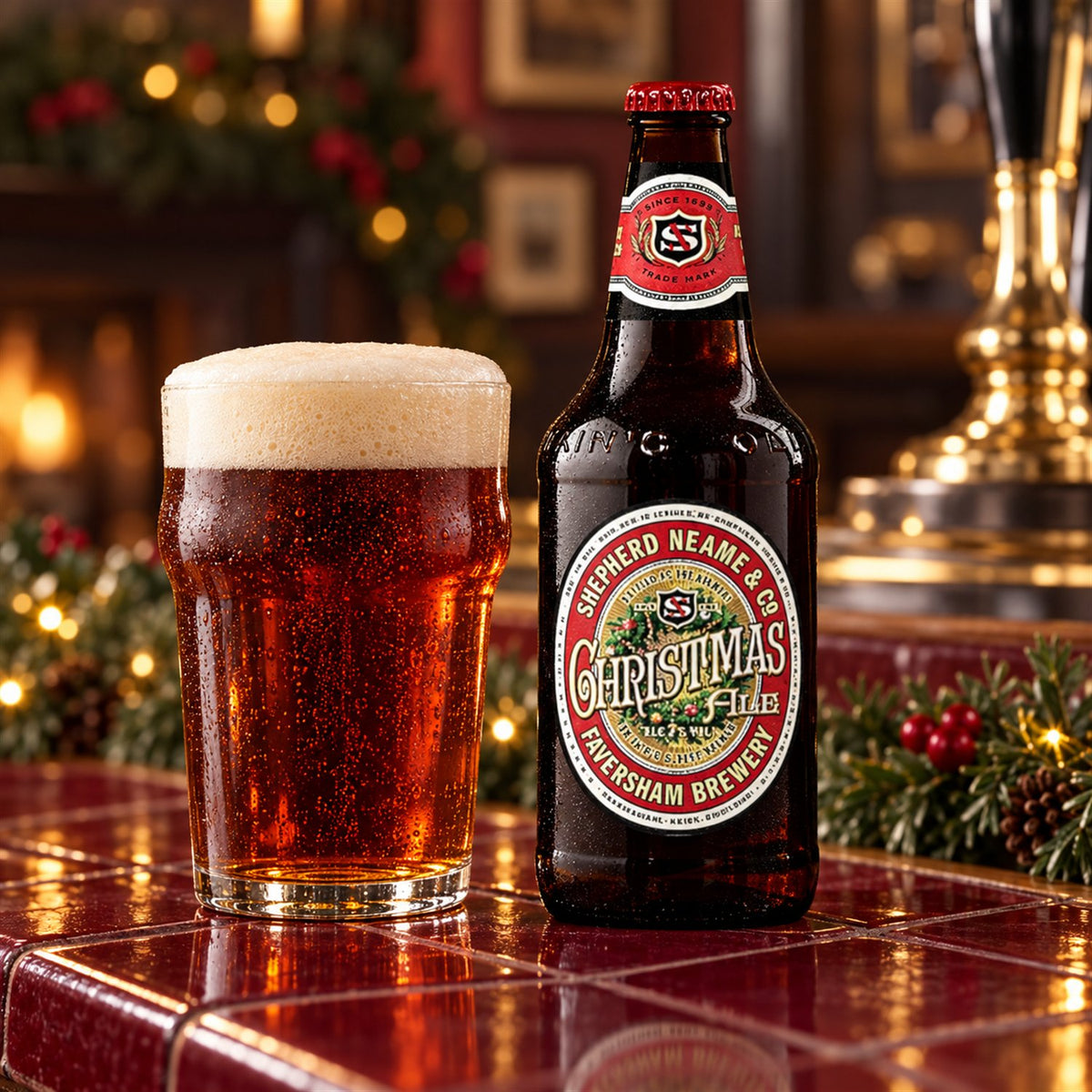 Shepherd Neame Christmas Ale: bebida servida en vaso junto a su envase