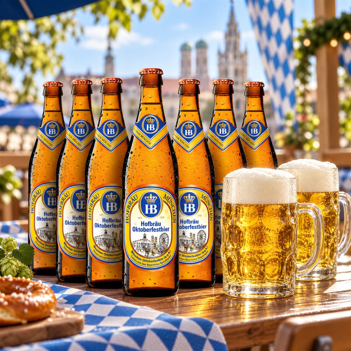 HB Oktoberfest Caja 20x50cl: bebida servida en vaso junto a su envase