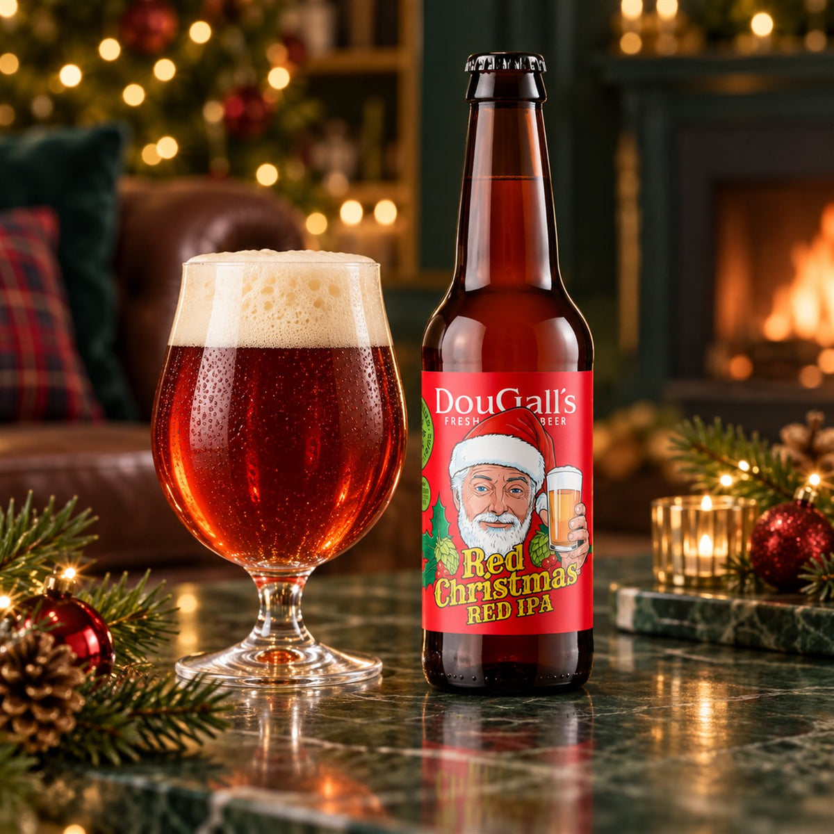 Dougall's Red Christmas: bebida servida en vaso junto a su envase