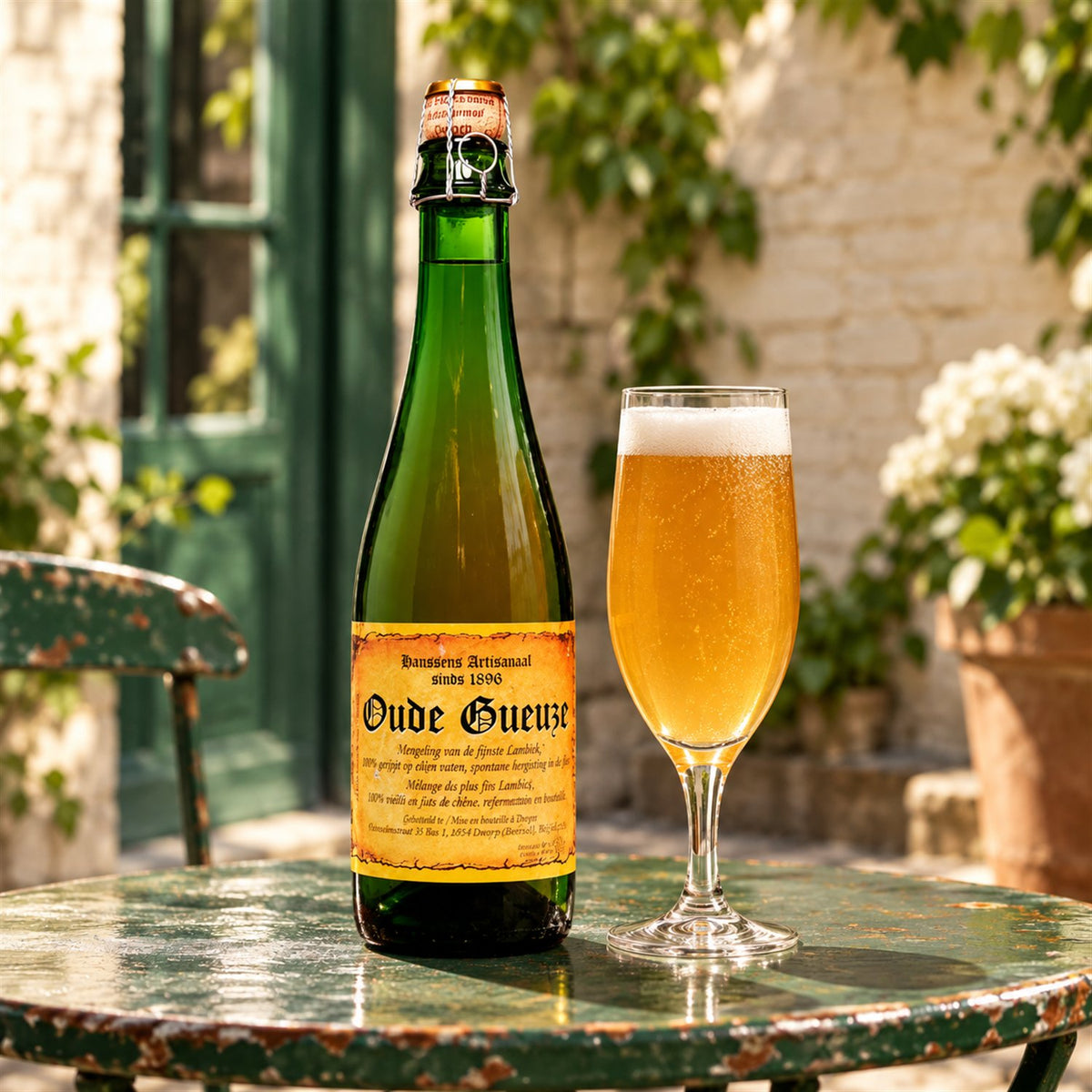 Hanssens Oude Gueuze: bebida servida en vaso junto a su envase