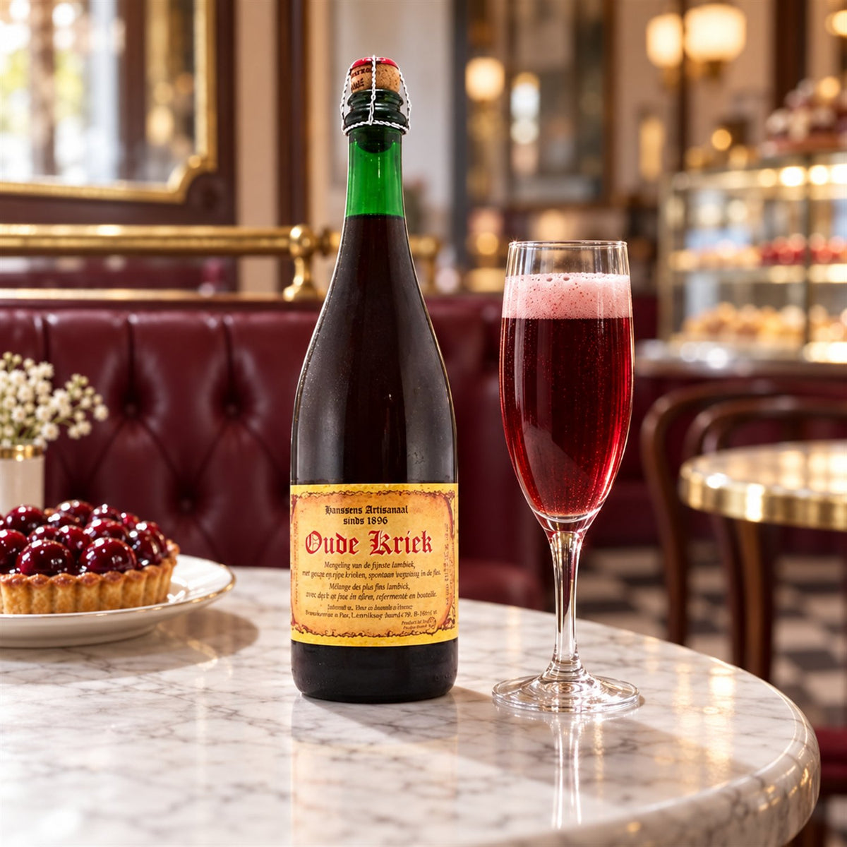 Hanssens Kriek: bebida servida en vaso junto a su envase