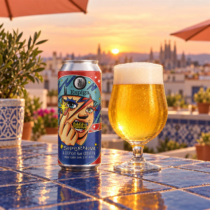 Espiga Supernova: bebida servida en vaso junto a su envase