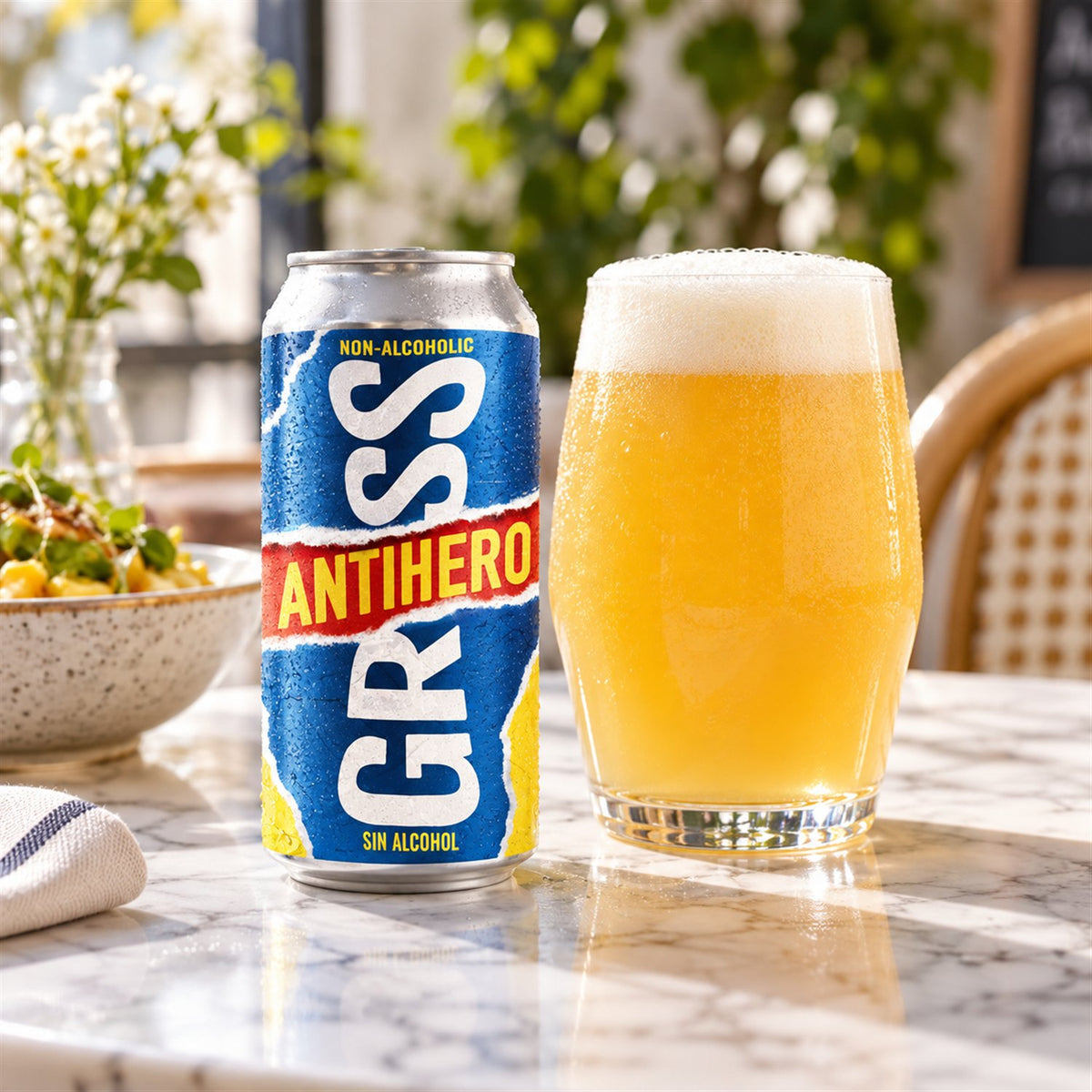 GROSS Antihero: bebida servida en vaso junto a su envase
