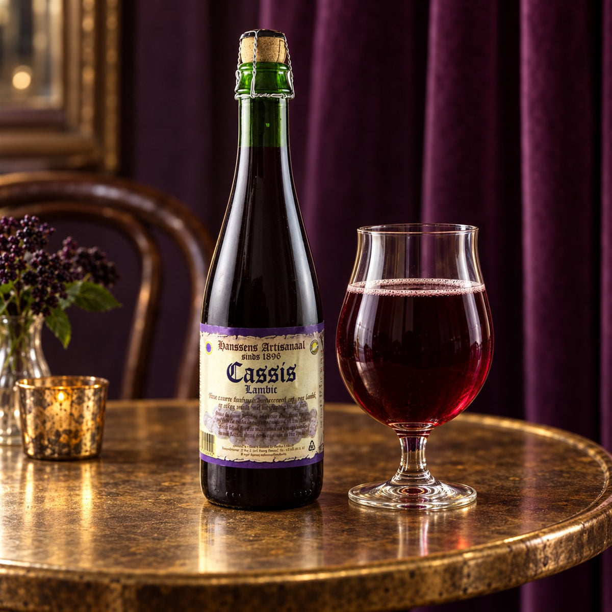 Hanssens Cassis: bebida servida en vaso junto a su envase