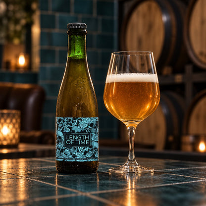 La Calavera Length of Time: bebida servida en vaso junto a su envase