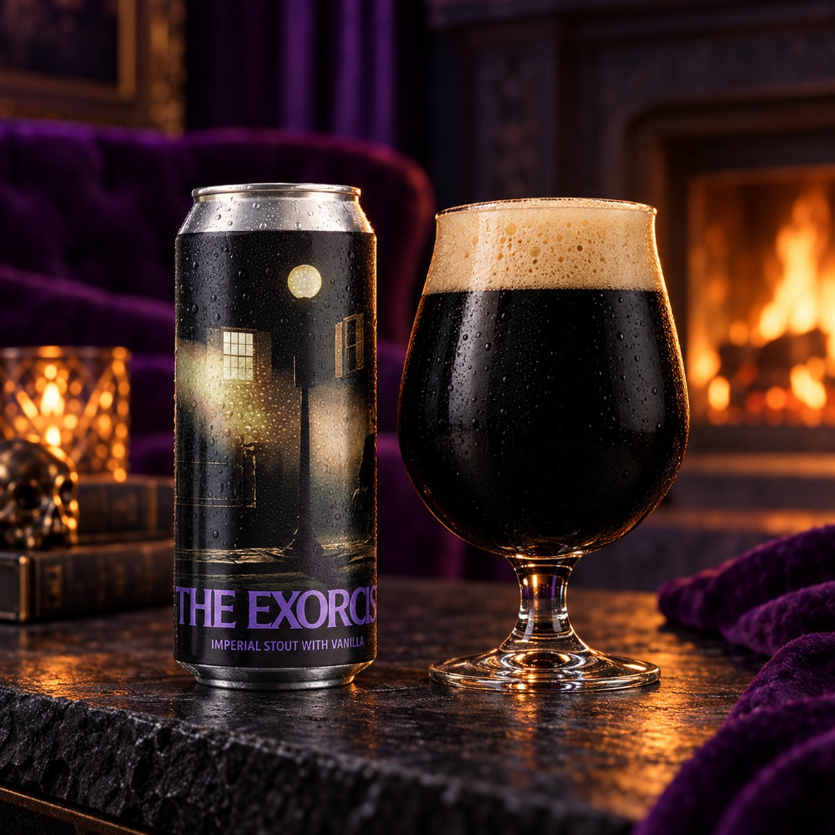 La Calavera The Exorcist: bebida servida en vaso junto a su envase