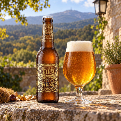 Montseny 18 Aniversari: bebida servida en vaso junto a su envase