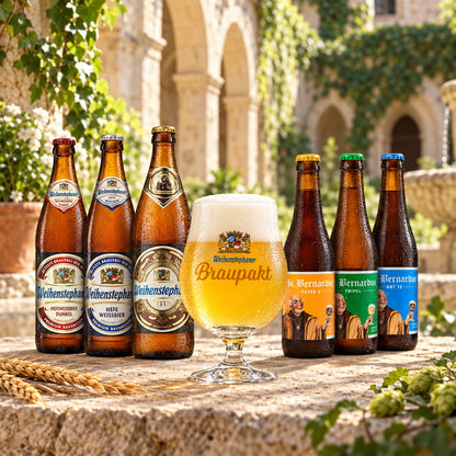 Pack 3 Weihenstephan 50cl + 3 St. Bernardus 33cl + Copa Braupakt de regalo: bebida servida en vaso junto a su envase