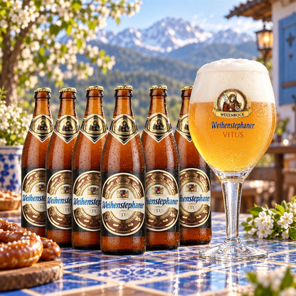 Pack Weihenstephan Vitus 6 botellas 50cl + Copa de regalo: bebida servida en vaso junto a su envase