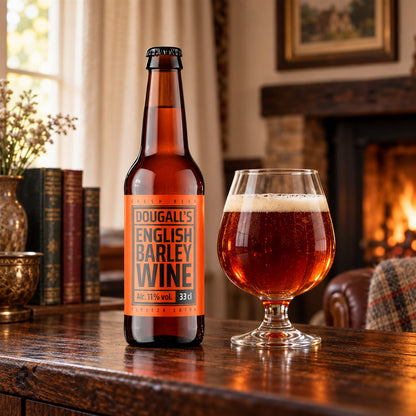 Dougall's English Barleywine: bebida servida en vaso junto a su envase