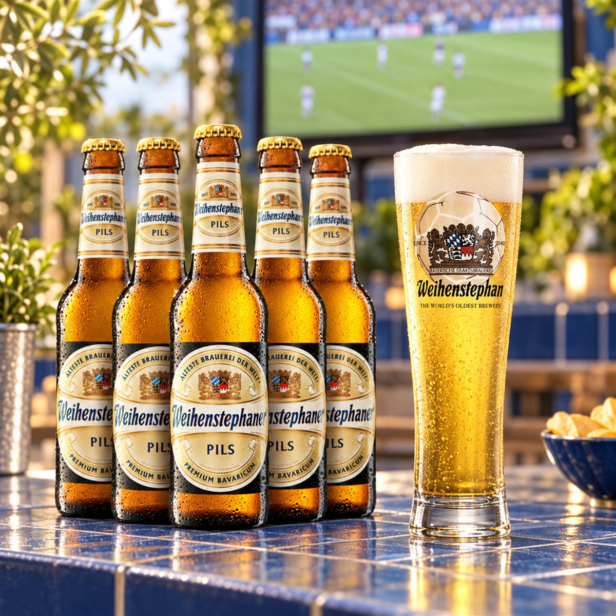 Pack Weihenstephan Pils 33cl + 6 Vasos fútbol de regalo: bebida servida en vaso junto a su envase