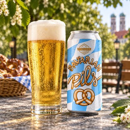 Basqueland Bavarian Pils: bebida servida en vaso junto a su envase