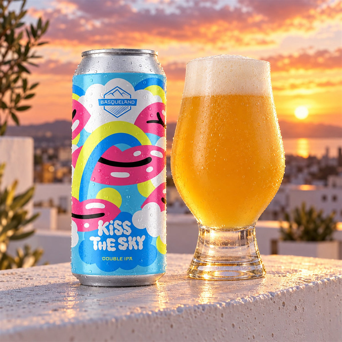 Basqueland Kiss the Sky: bebida servida en vaso junto a su envase