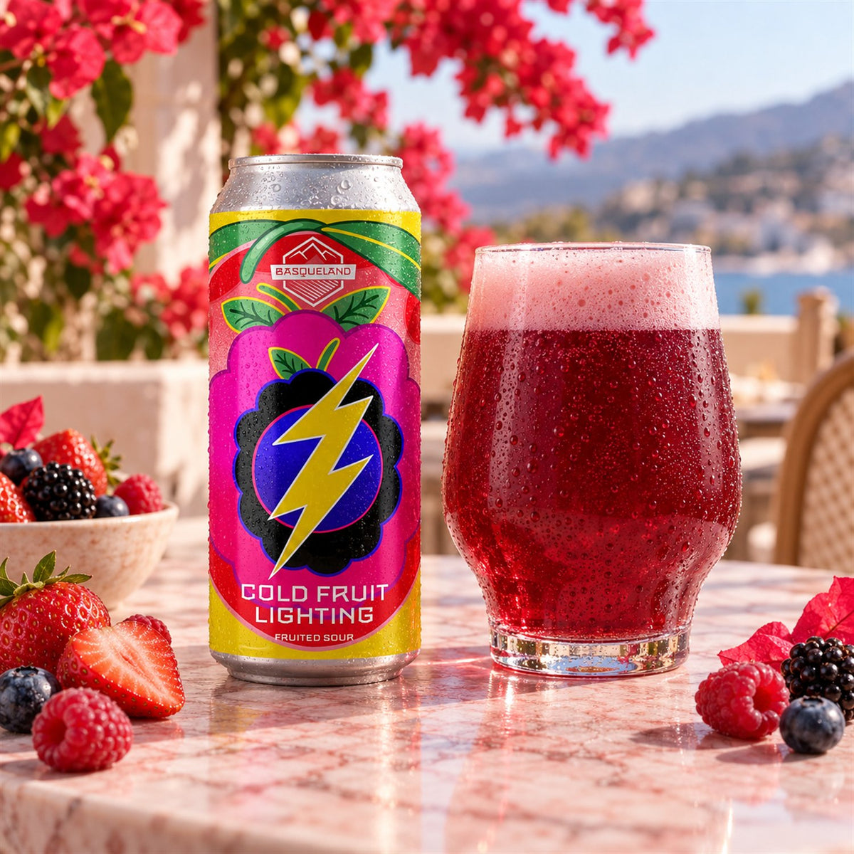 Basqueland Cold Fruit Lightning: bebida servida en vaso junto a su envase
