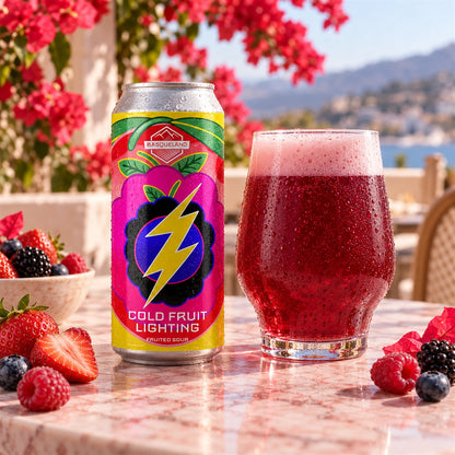 Basqueland Cold Fruit Lightning: bebida servida en vaso junto a su envase