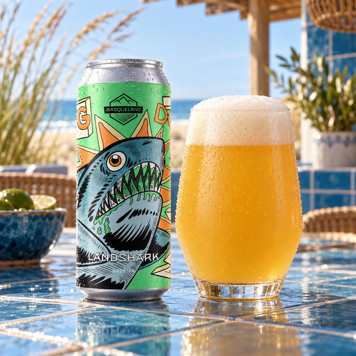 Basqueland Landshark: bebida servida en vaso junto a su envase