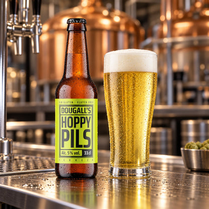Dougall's Hoppy Pils: bebida servida en vaso junto a su envase
