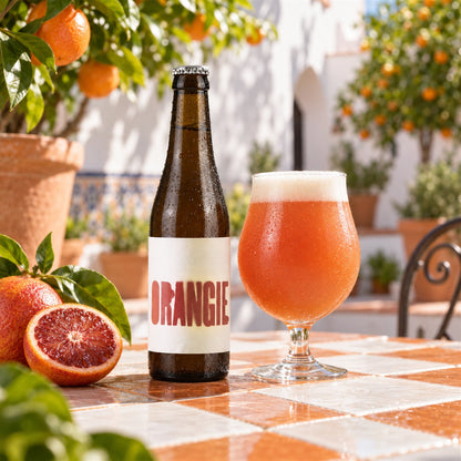Cyclic Orangie 33cl: bebida servida en vaso junto a su envase