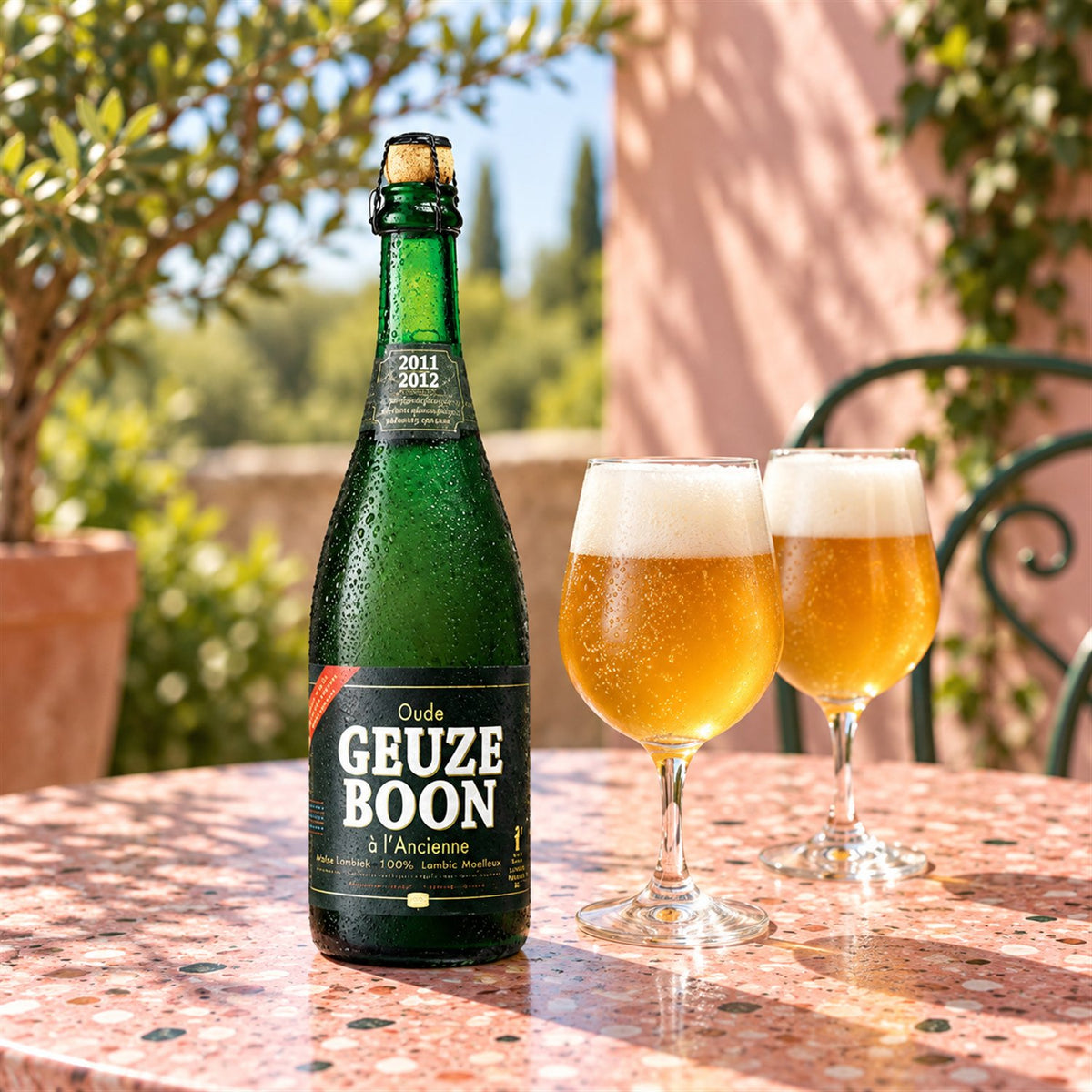 Boon Oude Geuze: bebida servida en vaso junto a su envase