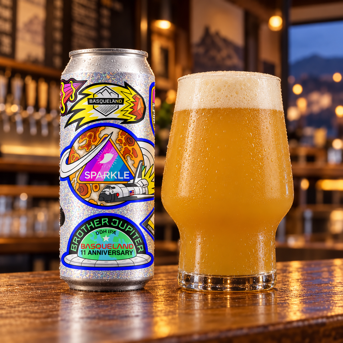 Basqueland Brother Jupiter: envase junto a cerveza servida en ambiente