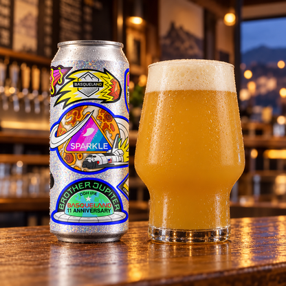 Basqueland Brother Jupiter: envase junto a cerveza servida en ambiente
