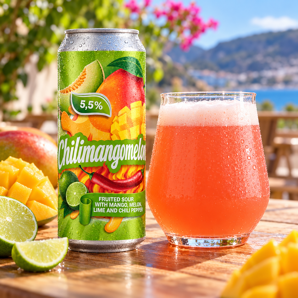 La Calavera Chilimangomelon: envase junto a cerveza servida en ambiente
