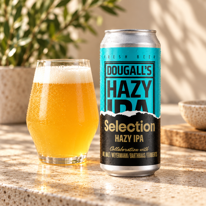 Dougall's Selection Hazy IPA: cerveza servida junto a la lata